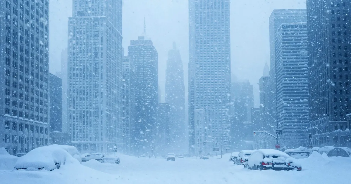 Calle de ciudad cubierta de nieve durante una nevada intensa, similar a la borrasca Filomena en Madrid