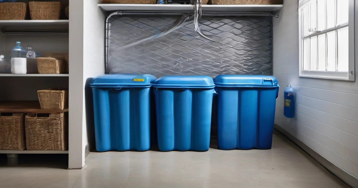 Bidones azules y agua embotellada almacenados en casa durante un corte de agua