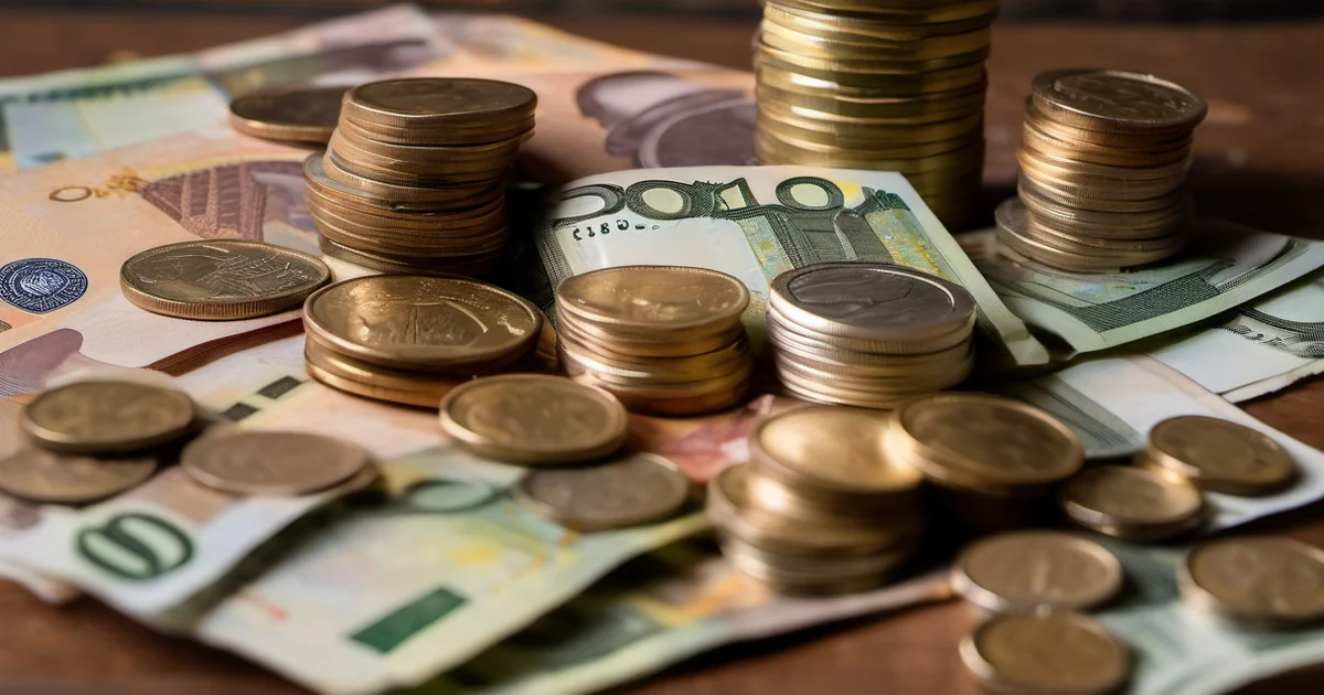 Billetes de euro y monedas apilados sobre una mesa como reserva de efectivo para emergencias