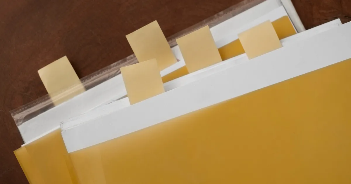 Carpeta impermeable documentos con copias familiares organizadas por categorías, pestañas de color y bolsa plástica transparente con cierre zip para emergencia