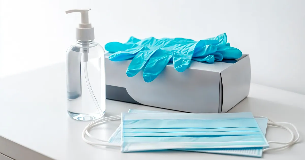 Equipo de protección personal doméstico organizado: mascarillas FFP2 y FFP3, caja de guantes de nitrilo azules, gafas selladas EN 166 y traje Tyvek 500 sobre mesa de madera con luz natural