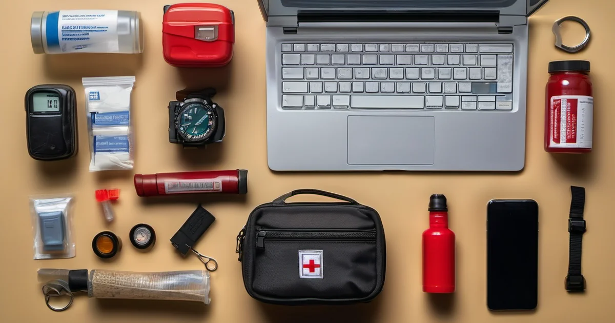 Cajón de oficina con linterna, powerbank, botiquín, barritas energéticas y manta térmica para un kit de emergencia en el trabajo
