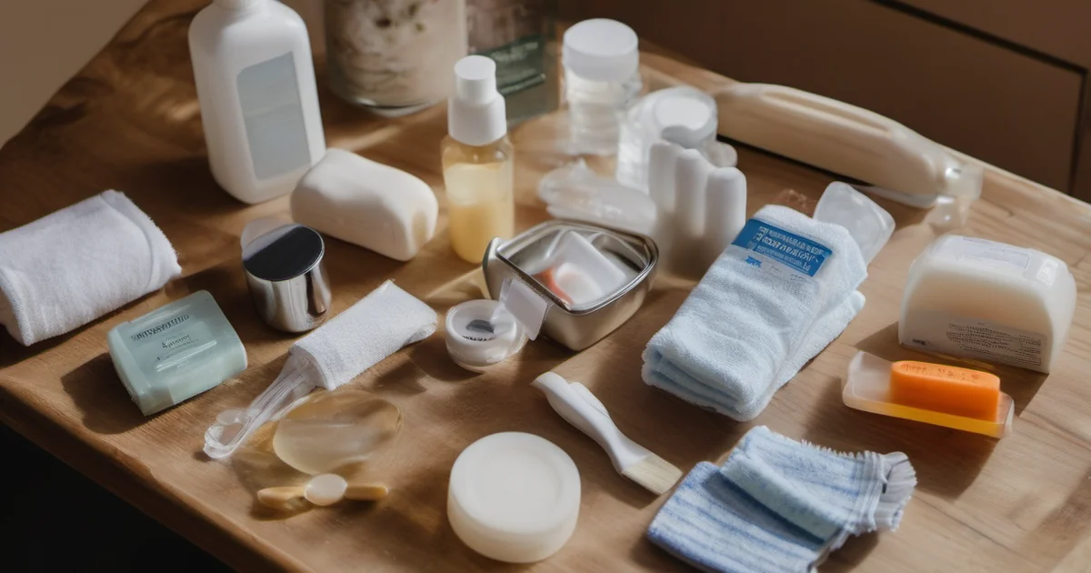 Kit de higiene de emergencia con jabón, toallitas y artículos de aseo organizados