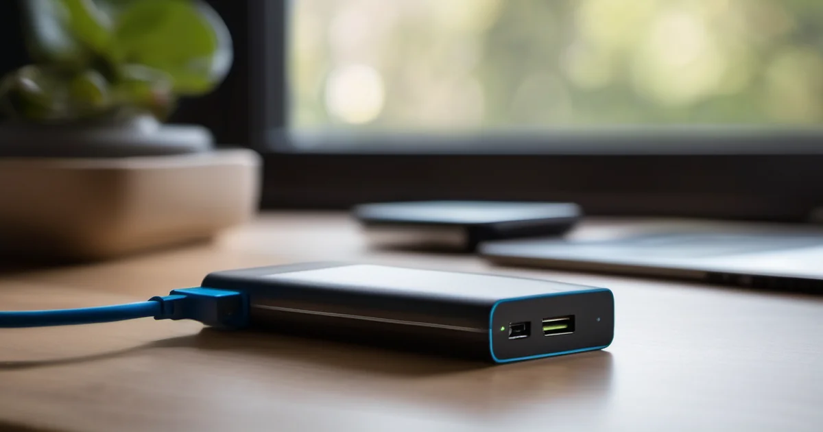 Powerbank de alta capacidad con cables integrados sobre una mesa durante un apagón doméstico