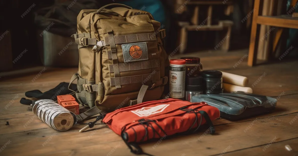 Equipo de supervivencia y senderismo organizado sobre superficie de madera con mochila, linterna y herramientas de emergencia