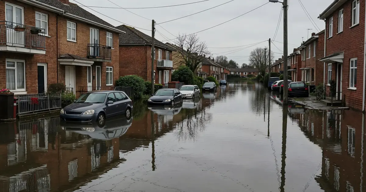 Calle residencial inundada durante una DANA con agua cubriendo la calzada y aceras
