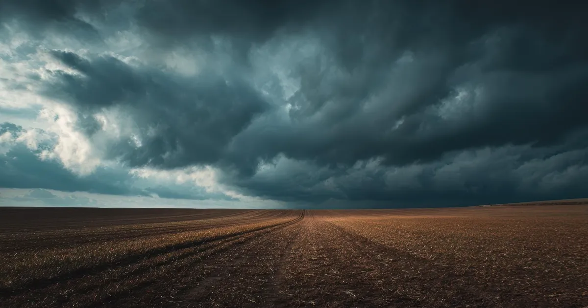 Nubes de tormenta oscuras sobre campo agrícola en el interior de España antes de una tormenta convectiva de verano