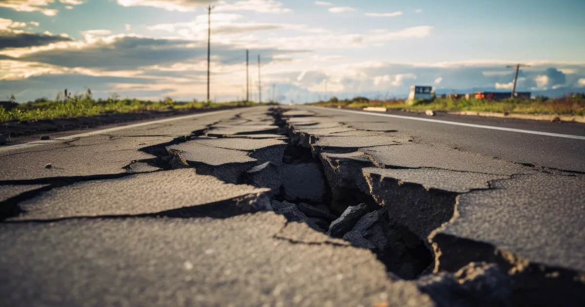 Carretera agrietada por un terremoto con grietas profundas en el asfalto — preparación terremotos España