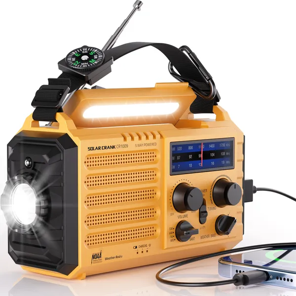 Radio de emergencia con dinamo, panel solar y linterna integrada