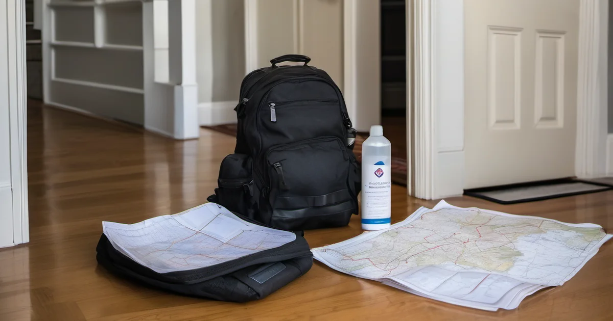 Mochila de evacuación y mapa preparados junto a la puerta de casa para un simulacro familiar