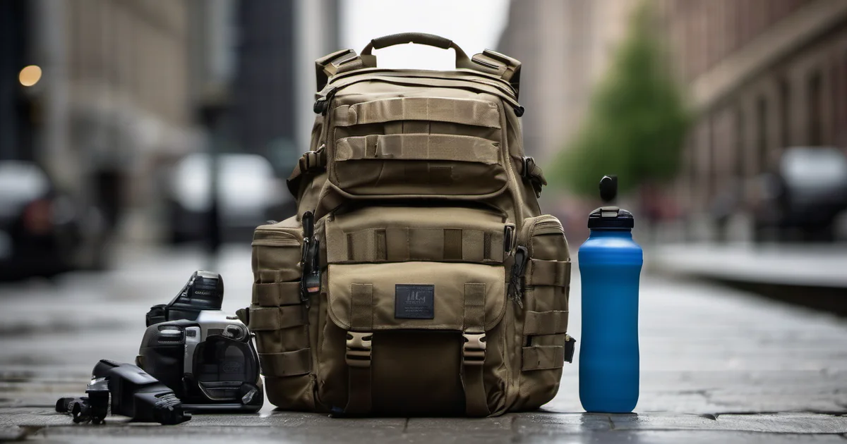 Equipo básico de supervivencia urbana con mochila, radio, batería, linterna y hornillo preparado para un piso