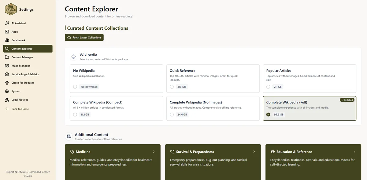 Explorador de contenido offline de Project NOMAD