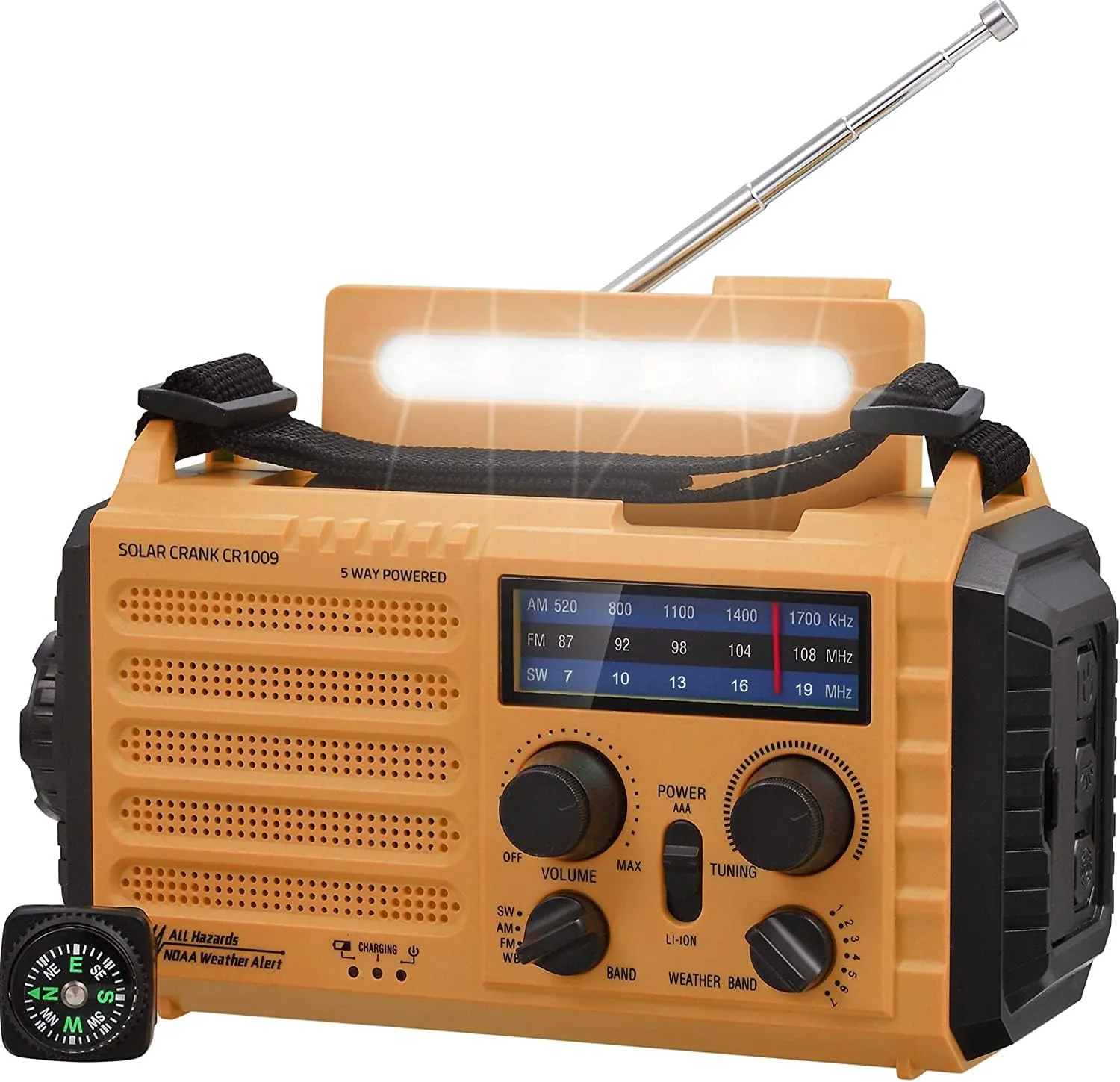 Radio Solar Emergencia 5000mAh con Brujula y Manivela