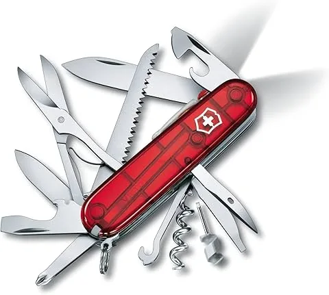 Victorinox Huntsman Lite Navaja con 21 funciones, incluyendo hoja, gancho multiusos y luz LED, color rojo transparente