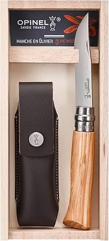 Opinel - N°08 Olivo Cuchillo de Bolsillo Versátil + Funda Alpine - Hoja de 8,5 cm de Acero Inoxidable - Mango de Olivo - Anillo de Seguridad Virobloc - Fabricación Francesa