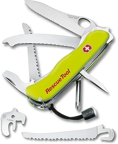 Victorinox Rescue Tool Navaja con 15 funciones, incluyendo sierra cortavidrio y rompecristales, de color amarillo fluorescente