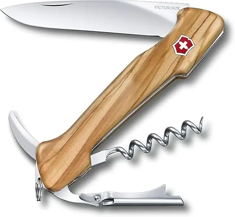 Victorinox Wine Master, Navaja suiza con mango de madera de olivo, funda de cuero y 6 funciones, incluyendo sacacorchos
