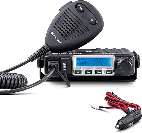 Midland - Emisora CB M-Mini USB sin Licencia, Multibanda EU, 40 Canales Am/FM, Radioaficionado Profesional, Pantalla LCD con S-Meter, 2 Modos de Squelch, Cable USB C Carga Rápida, Altavoz Externo