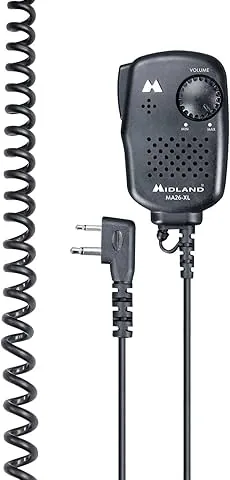 Midland- Micrófono Altavoz MA26-XL para Walkie Talkie, Control Volumen Integrado, Conector L 2 Pines, Solo PTT para Transmisión Precisa, Cable Enrollado, Compatible con Radios Serie G7, G9, XT, XT Pro