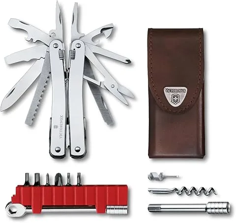 VICTORINOX Herramienta multifunción Swiss Tool Spirit X Plus Ratchet, 36 funciones, Hecha en Suiza, multiherramienta con hoja de bloqueo, incl. estuche de piel, color plata