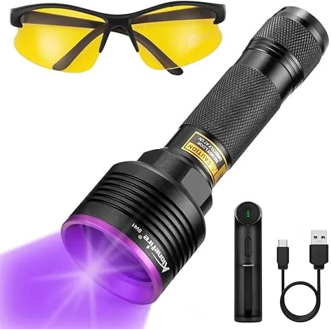 Alonefire SV41 Linterna UV 10W 395nm Profesional Potente Recargable USB Ultravioleta Luz Negra Detector de Orina para Resina, Pesca, Escorpión, Minerales con Gafas Protectoras UV, Batería, Cargador