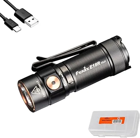 Fenix Linterna E18R V2.0 EDC, 1200 lúmenes, recargable por USB-C, ultra compacta, luz de bolsillo (negro)