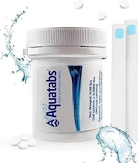 Aquatabs Tabletas de purificación de agua para beber – 100 tabletas + 2 tiras de prueba de cloro – Kit de iniciación purificador de agua – para tanques de barco y RV – por Aquamarine Water Solutions