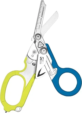 Leatherman Raptor Rescue - Cizalla Plegable de Emergencia con Corta Correas y Rompe Cristales - Tijera de Emergencia Médica, Azul/Amarillo con Funda Multiusos