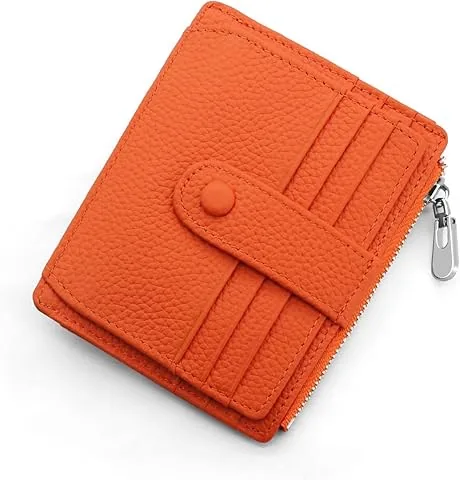 Monedero Mujer Hombre RFID Minimalista Porta Tarjetas de Crédito Piel Autentica Pequeña Carteras de Mujer con Bolsillo de Cremallera para Monedas Mini Billetera 14 Ranuras para Tarjetas (Naranja)