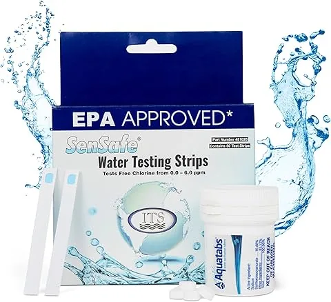 Aquamarine Water Solutions - Kit esencial de agua potable - 100 tabletas de purificación de agua Aquatabs + 50 tiras de prueba de cloro - para tanques de barco y RV