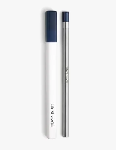 LifeStraw SIP - Filtro de agua reutilizable de acero inoxidable con estuche de transporte, elimina microplásticos, bacterias y plagas para viajes y uso diario, color azul