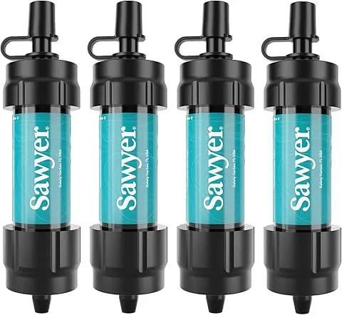 Sawyer Products SP3404 Mini sistema de filtración de agua, filtro y émbolo de limpieza, paquete de 4, verde azulado