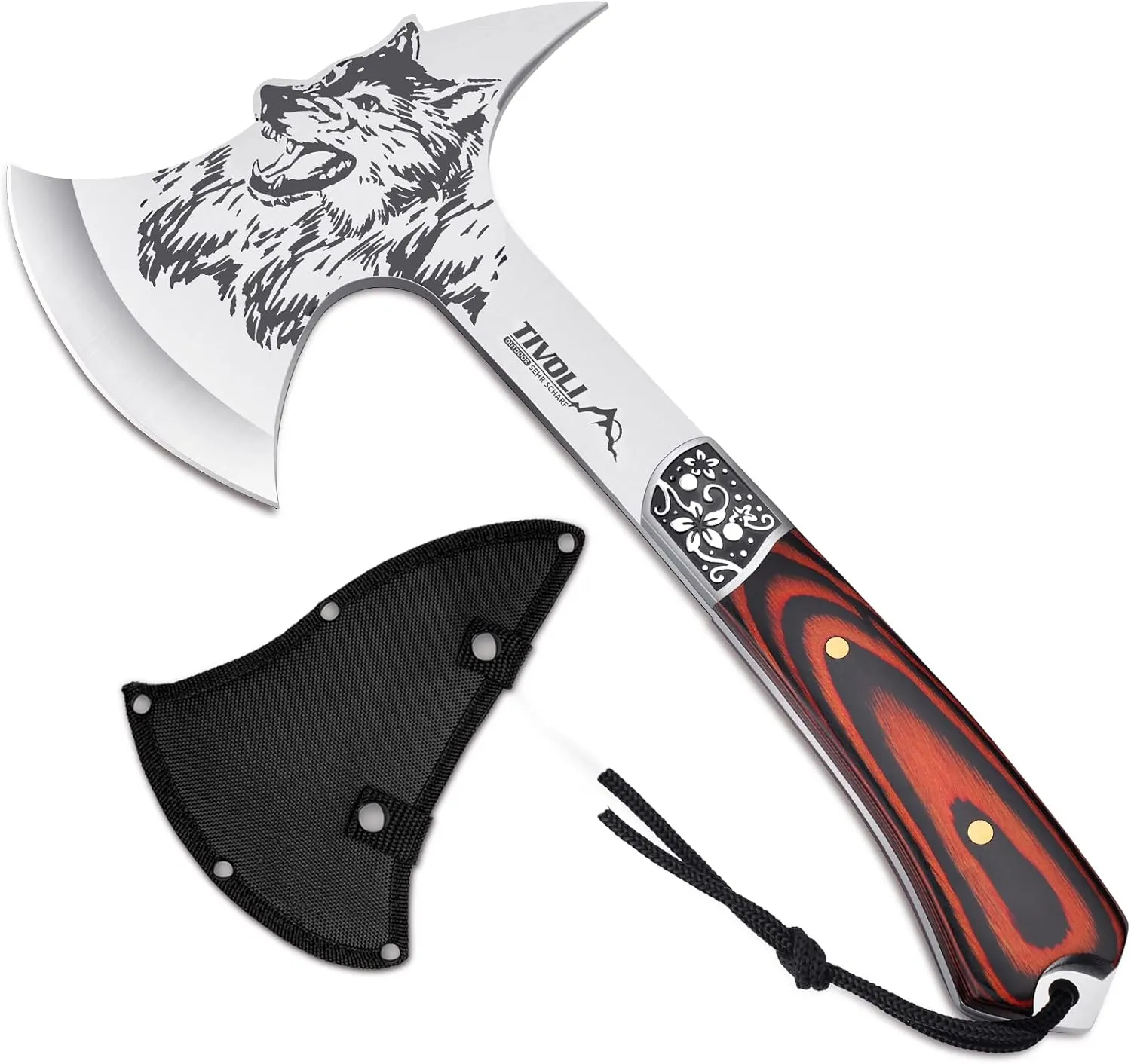 Hacha TIVOLI Motivo Lobo Acero al Carbono Full-Tang