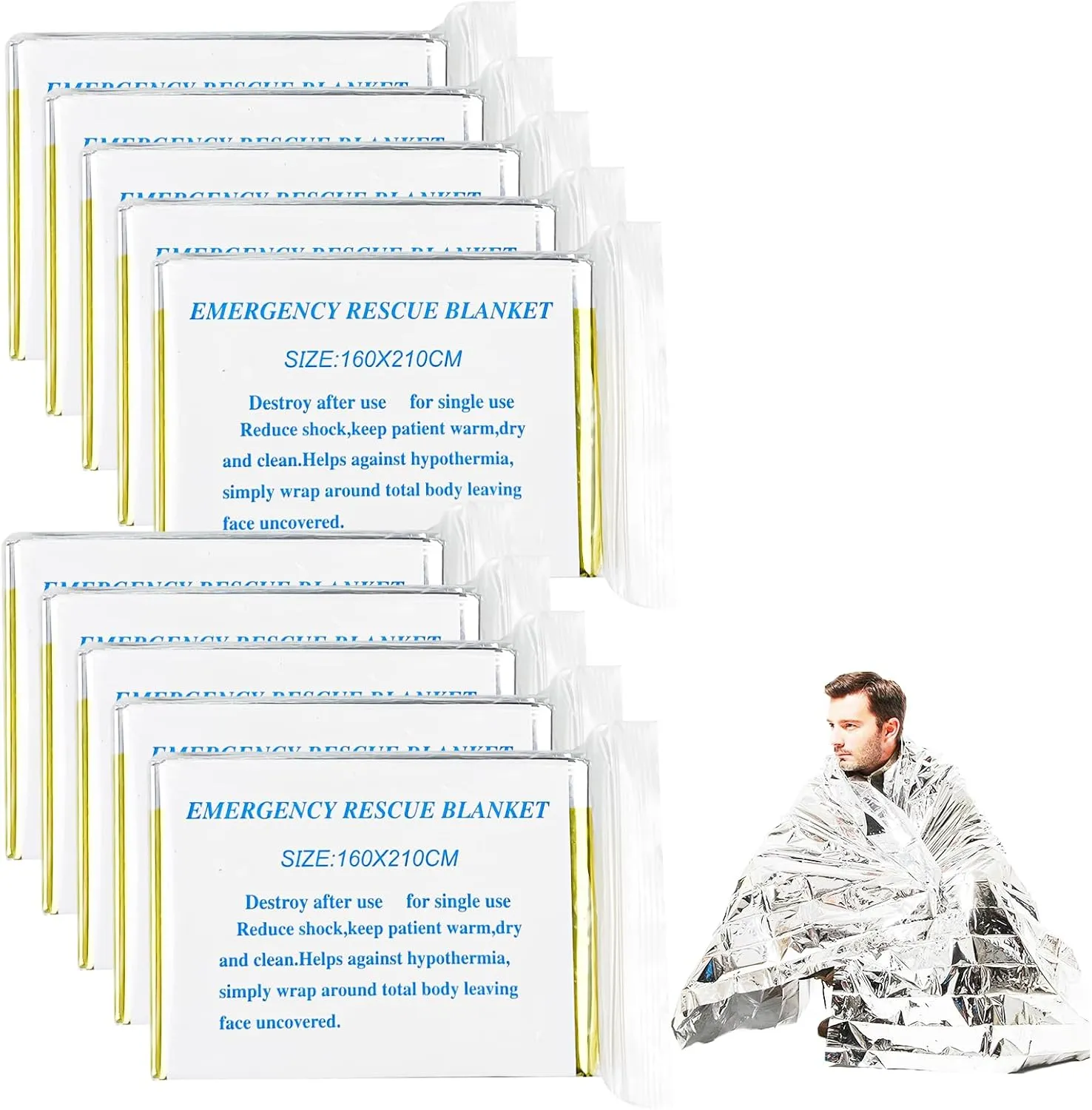 Pack 10 Mantas Termicas Supervivencia Oro Plata 210x160cm